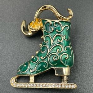 Monet Ice Skate Brooch Green & Gold Tone Clear Rhinestones
